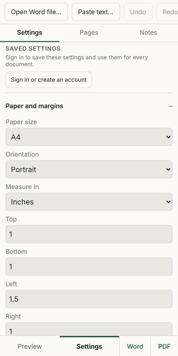 Settings for paper size and margins
