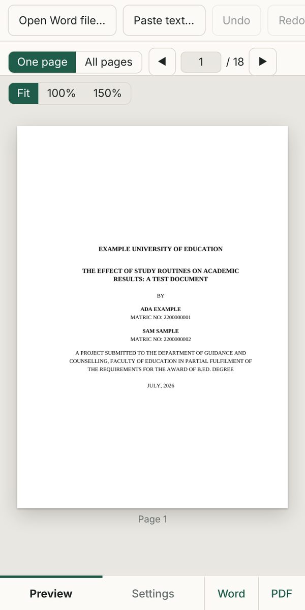 Project Polish on a phone, showing a formatted title page